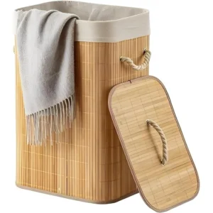 Cesto de Roupa de Bambu Dobrável Grande 60cm com Forro